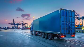 ai generiert LKW Anhänger auf das Seebrücke im das Ladung Hafen Terminal mit Kräne und Behälter. ai generiert foto