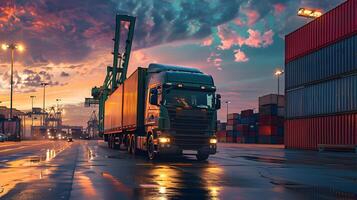 ai generiert LKW Anhänger auf das Seebrücke im das Ladung Hafen Terminal mit Kräne und Behälter. ai generiert foto