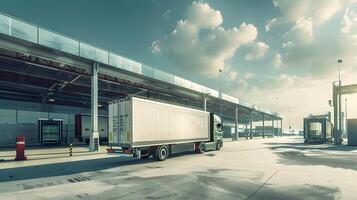 ai generiert LKW Anhänger auf das Seebrücke im das Ladung Hafen Terminal mit Kräne und Behälter. ai generiert foto