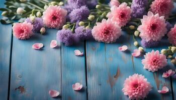 ai generiert schön Blumen auf Blau hölzern Hintergrund foto