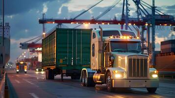 ai generiert LKW Anhänger auf das Seebrücke im das Ladung Hafen Terminal mit Kräne und Behälter. ai generiert foto