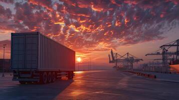 ai generiert LKW Anhänger auf das Seebrücke im das Ladung Hafen Terminal mit Kräne und Behälter. ai generiert foto