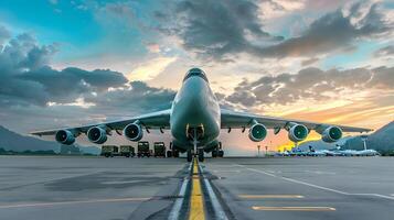 ai generiert ein Ladung Flugzeug beim das Flughafen Docks Ladungen oder entlädt Ladung. ai generiert foto