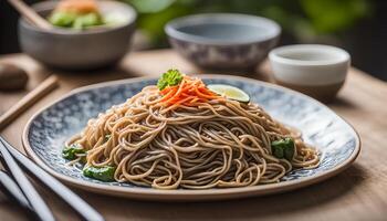 ai generiert Soba Nudeln auf Platte, japanisch Essen foto