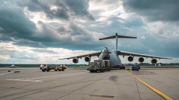 ai generiert ein Ladung Flugzeug beim das Flughafen Docks Ladungen oder entlädt Ladung. ai generiert foto