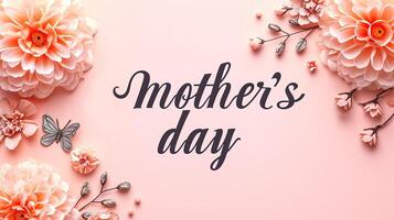 ai generiert Mutter Tag Gruß Karte mit Blumen und Schmetterling auf Pfirsich Hintergrund. foto