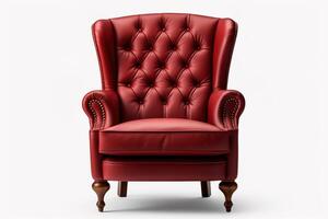ai generiert rot glänzend Velours Sessel mit Kapit Taste Polster isoliert auf Weiß Hintergrund foto