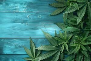 ai generiert frisch Grün Marihuana Cannabis Blätter Rahmen auf Blau hölzern Hintergrund mit Kopieren Raum foto