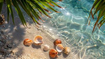 ai generiert azurblau Küste von das Ozean mit Palme Bäume, Sand, Surfen und Muscheln. ai generiert foto