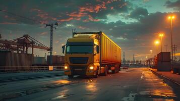 ai generiert LKW Anhänger auf das Seebrücke im das Ladung Hafen Terminal mit Kräne und Behälter. ai generiert foto