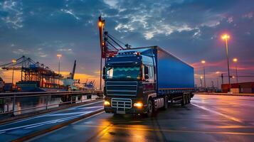 ai generiert LKW Anhänger auf das Seebrücke im das Ladung Hafen Terminal mit Kräne und Behälter. ai generiert foto