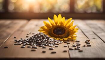 ai generiert Sonnenblume Samen auf hölzern Tabelle foto