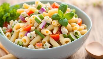 ai generiert Makkaroni Salat mit Ellbogen Pasta und Gemüse im Schüssel foto