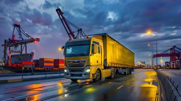 ai generiert LKW Anhänger auf das Seebrücke im das Ladung Hafen Terminal mit Kräne und Behälter. ai generiert foto