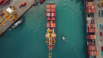 ai generiert ein Schiff zum Transportieren Ladung Behälter und ebenfalls Entladung es beim das Docks von ein Ladung Hafen. ai generiert foto