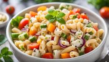 ai generiert Makkaroni Salat mit Ellbogen Pasta und Gemüse im Schüssel foto