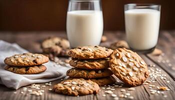 ai generiert Haferflocken Kekse mit Sesam Saat und Glas von Milch foto
