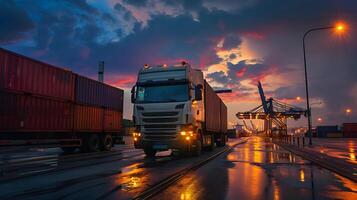 ai generiert LKW Anhänger auf das Seebrücke im das Ladung Hafen Terminal mit Kräne und Behälter. ai generiert foto