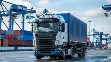 ai generiert LKW Anhänger auf das Seebrücke im das Ladung Hafen Terminal mit Kräne und Behälter. ai generiert foto