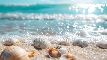 ai generiert azurblau Küste von das Ozean mit Palme Bäume, Sand, Surfen und Muscheln. ai generiert foto