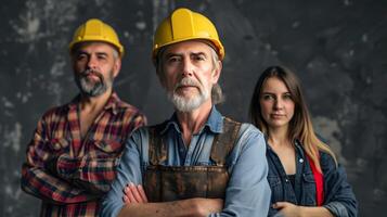 ai generiert ein Mann, ein Arbeiter, ein Baumeister durch Beruf, im ein Uniform und ein Helm. ai generiert foto