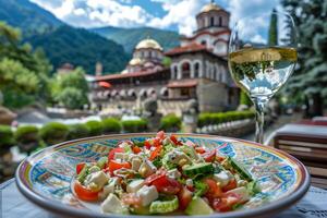 ai generiert frisch shopska Salat mit Feta Käse geschmeckt beim ein malerisch Berg Dorf Cafe foto