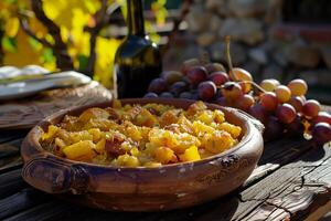 ai generiert traditionell Spanisch Migas im Steingut Gericht inmitten rustikal Weinberg Rahmen - - ein Geschmack von Erbe foto