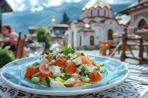 ai generiert frisch shopska Salat mit Feta Käse geschmeckt beim ein malerisch Berg Dorf Cafe foto
