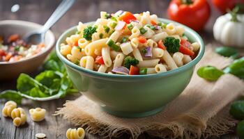 ai generiert Makkaroni Salat mit Ellbogen Pasta und Gemüse im Schüssel foto