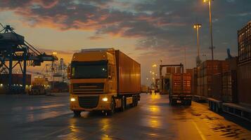 ai generiert LKW Anhänger auf das Seebrücke im das Ladung Hafen Terminal mit Kräne und Behälter. ai generiert foto