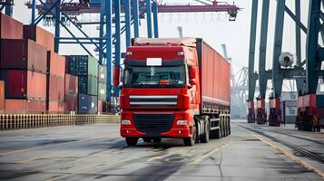 ai generiert LKW Anhänger auf das Seebrücke im das Ladung Hafen Terminal mit Kräne und Behälter. ai generiert foto