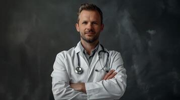 ai generiert Porträt von ein männlich medizinisch Arbeiter mit ein Stethoskop. ai generiert foto