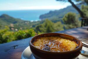 ai generiert traditionell katalanisch Sahne Dessert mit heiter Mittelmeer Seelandschaft Aussicht zum Reise und Küche Konzepte foto