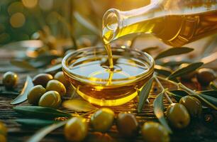 ai generiert Gießen golden Olive Öl in Glas Schüssel inmitten frisch Oliven und Blätter foto