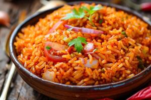 ai generiert aromatisch Malian jollof Reis serviert im ein traditionell Lehm Topf foto