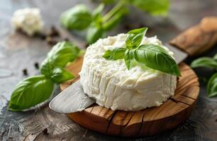 ai generiert frisch hausgemacht Ricotta Käse mit Basilikum auf hölzern Tafel zum kulinarisch und Rezept Inhalt foto