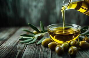 ai generiert Gießen golden Olive Öl in Glas Schüssel inmitten frisch Oliven und Blätter foto