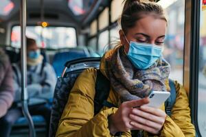ai generiert jung Frau im schützend Gesicht Maske mit Smartphone auf Bus, perfekt zum Darstellen das Neu normal im Öffentlichkeit Transport foto