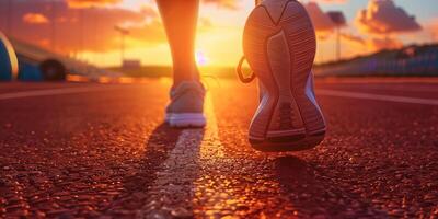 ai generiert entschlossen Läufer beim Sonnenuntergang auf Spur Feld - - ein Geschichte von sportlich Ausdauer und Ausbildung foto