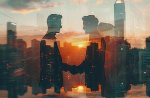ai generiert Geschäft Partnerschaft und Zusammenarbeit Konzept mit ein Handschlag Silhouette Über das Stadtbild beim Sonnenuntergang foto