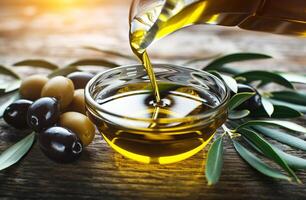 ai generiert Gießen golden Olive Öl in Glas Schüssel inmitten frisch Oliven und Blätter foto