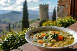 ai generiert rustikal Ribollita Suppe mit ein szenisch Hintergrund von mittelalterlich Türme im das toskanisch Hügel foto