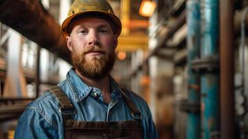 ai generiert Porträt von ein Arbeiten Mann im ein Uniform und ein schwer Hut. ai generiert foto