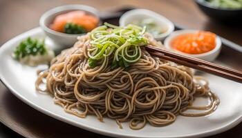 ai generiert Soba Nudeln auf Platte, japanisch Essen foto