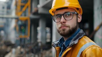 ai generiert ein Mann, ein Arbeiter, ein Baumeister durch Beruf, im ein Uniform und ein Helm. ai generiert foto