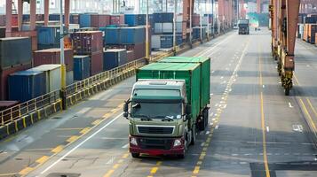 ai generiert LKW Anhänger auf das Seebrücke im das Ladung Hafen Terminal mit Kräne und Behälter. ai generiert foto