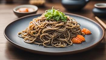 ai generiert Soba Nudeln auf Platte, japanisch Essen foto