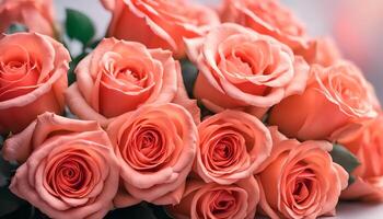 ai generiert schön Leben Koralle Rosen Blumen Strauß, romantisch Beziehung und Blumen- Design Konzept foto