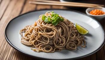 ai generiert Soba Nudeln auf Platte, japanisch Essen foto