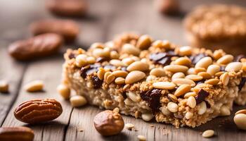 ai generiert Granola Riegel auf hölzern Tabelle und Erdnüsse foto